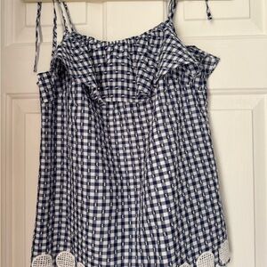 J. Crew Blue and White Ruffled Smocked Camisole